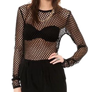 Small Women's Black Long-Sleeved Fishnet Top
